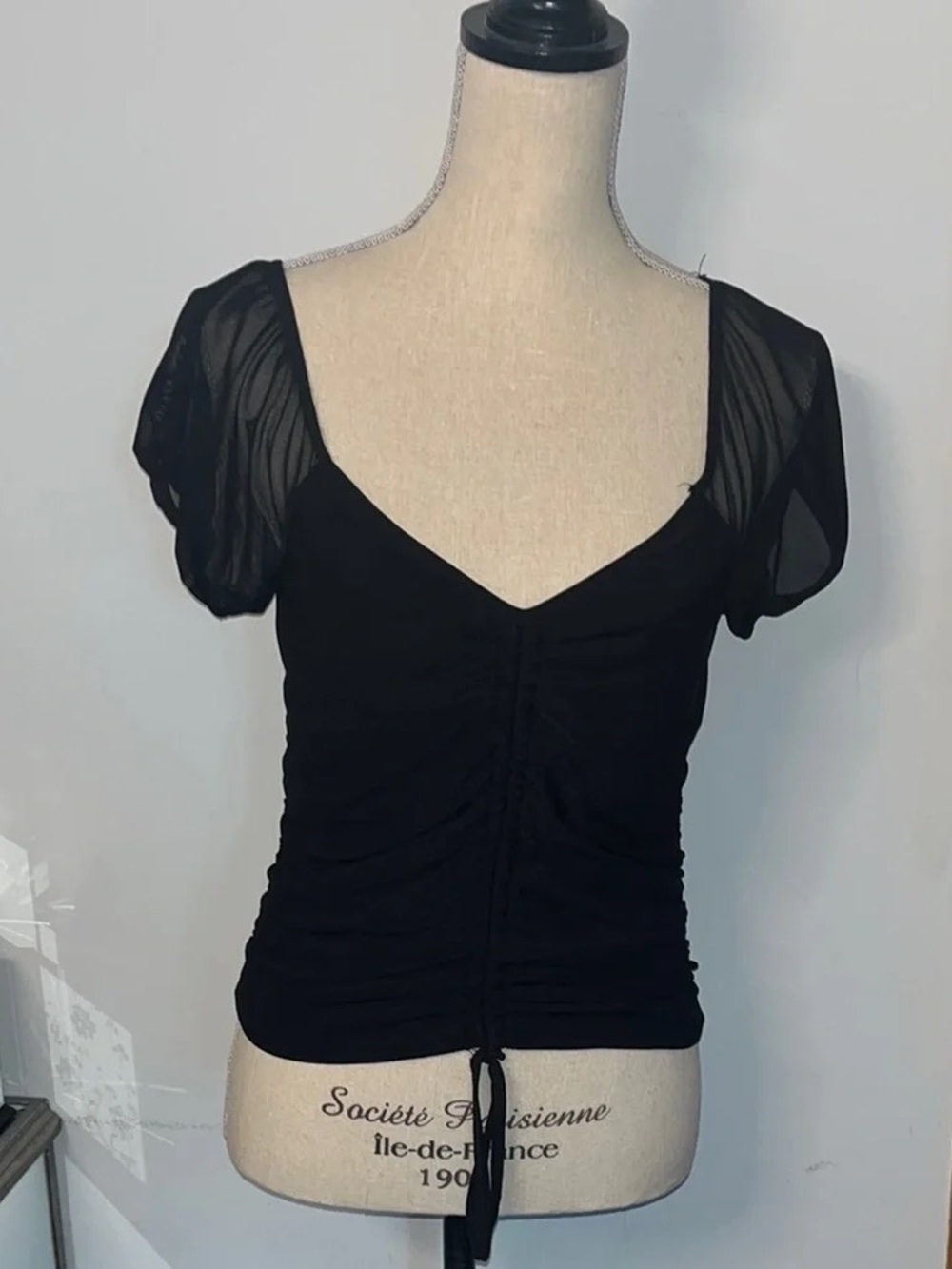 Black Ruched Front Sheer Sleeve Women's Top